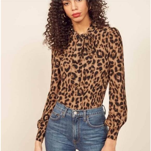 Reformation Women's Marcy Tie Neck Top Size XS Brown Black Leopard Animal Print - Picture 1 of 9
